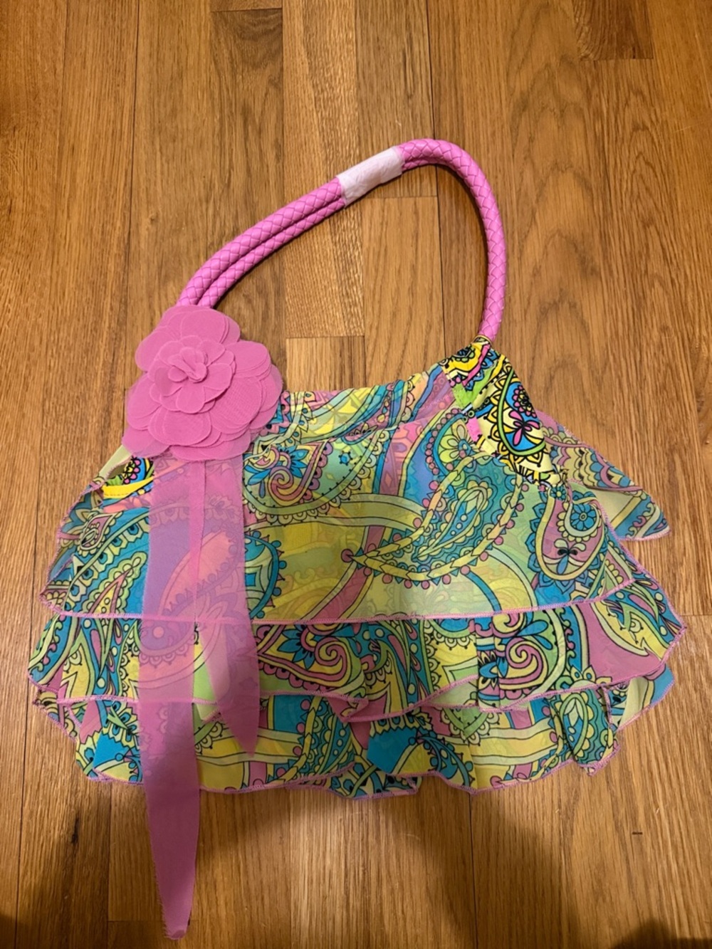 Colorful Paisley Ruffled Tote with Pink Flower Accent